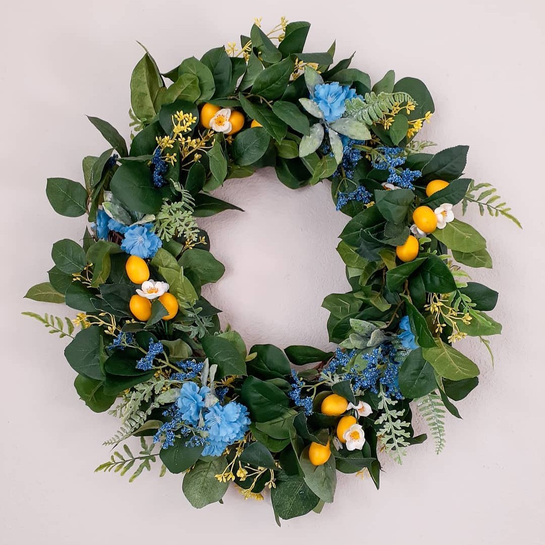 Lemon, Foliage, and Blue Flower Wreath