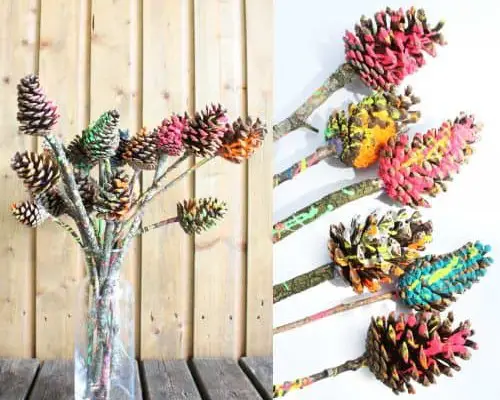 Drip Painted Pine Cone Flower Craft